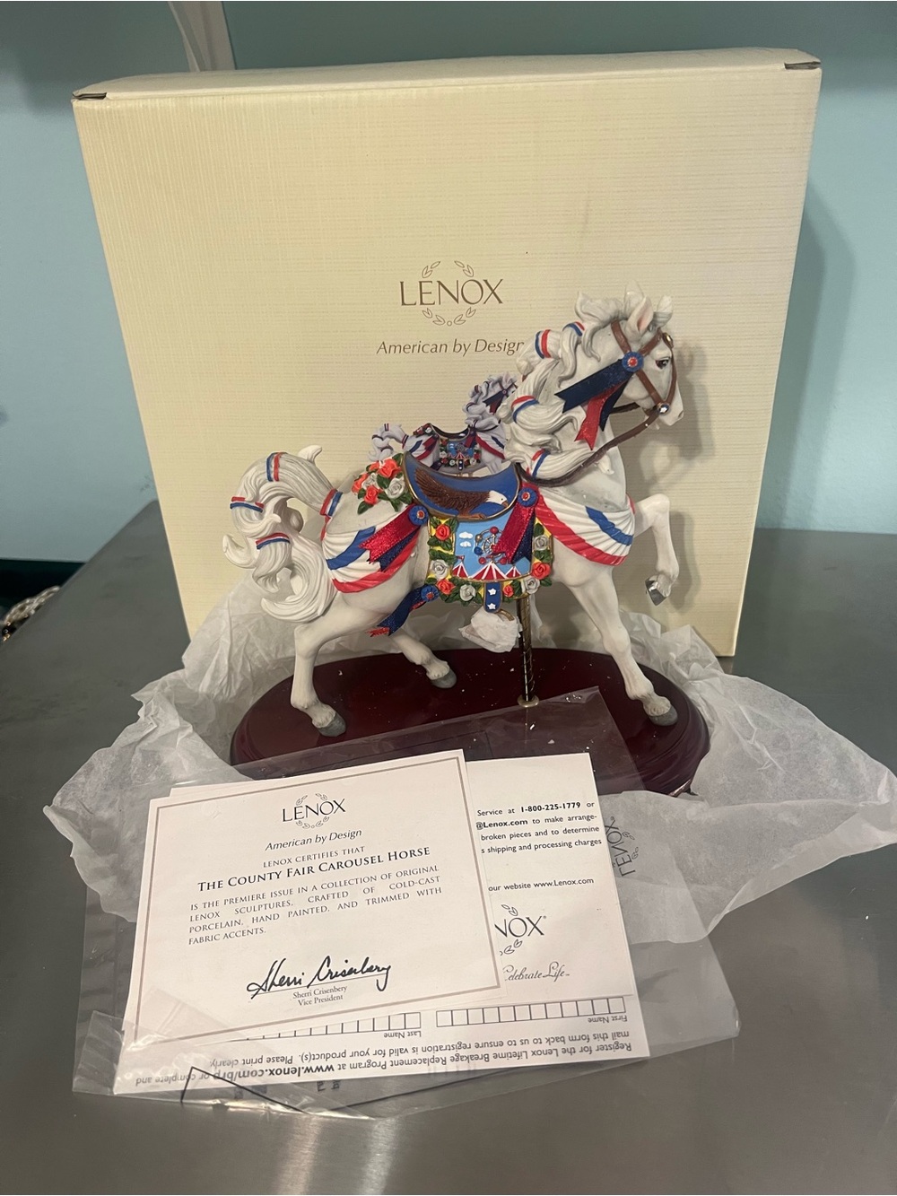 Lenox White Carousel Horse Figurine with Red & Blue Trim